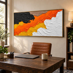 Ownanart Hand-Painted Orange Black and White Abstract Oil Painting – Large Horizontal palette knife canvas, large textured abstract wall art, Original Canvas Art for Living Room and Office #OA 1468