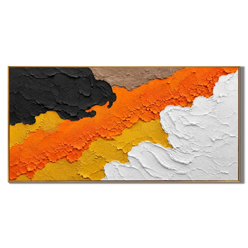 Ownanart Hand-Painted Orange Black and White Abstract Oil Painting – Large Horizontal palette knife canvas, large textured abstract wall art, Original Canvas Art for Living Room and Office