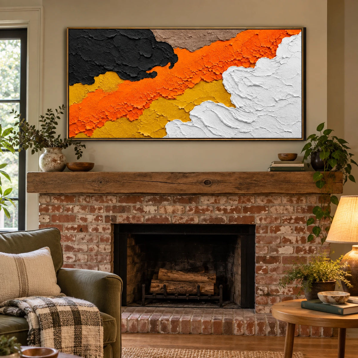 Ownanart Hand-Painted Orange Black and White Abstract Oil Painting – Large Horizontal palette knife canvas, large textured abstract wall art, Original Canvas Art for Living Room and Office