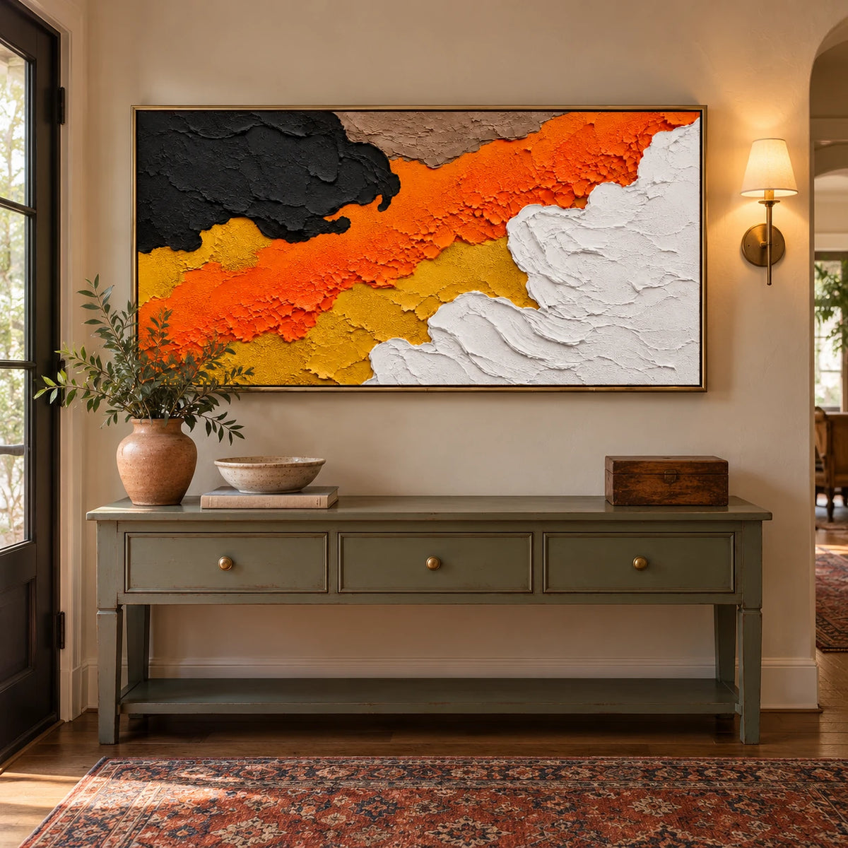 Ownanart Hand-Painted Orange Black and White Abstract Oil Painting – Large Horizontal palette knife canvas, large textured abstract wall art, Original Canvas Art for Living Room and Office