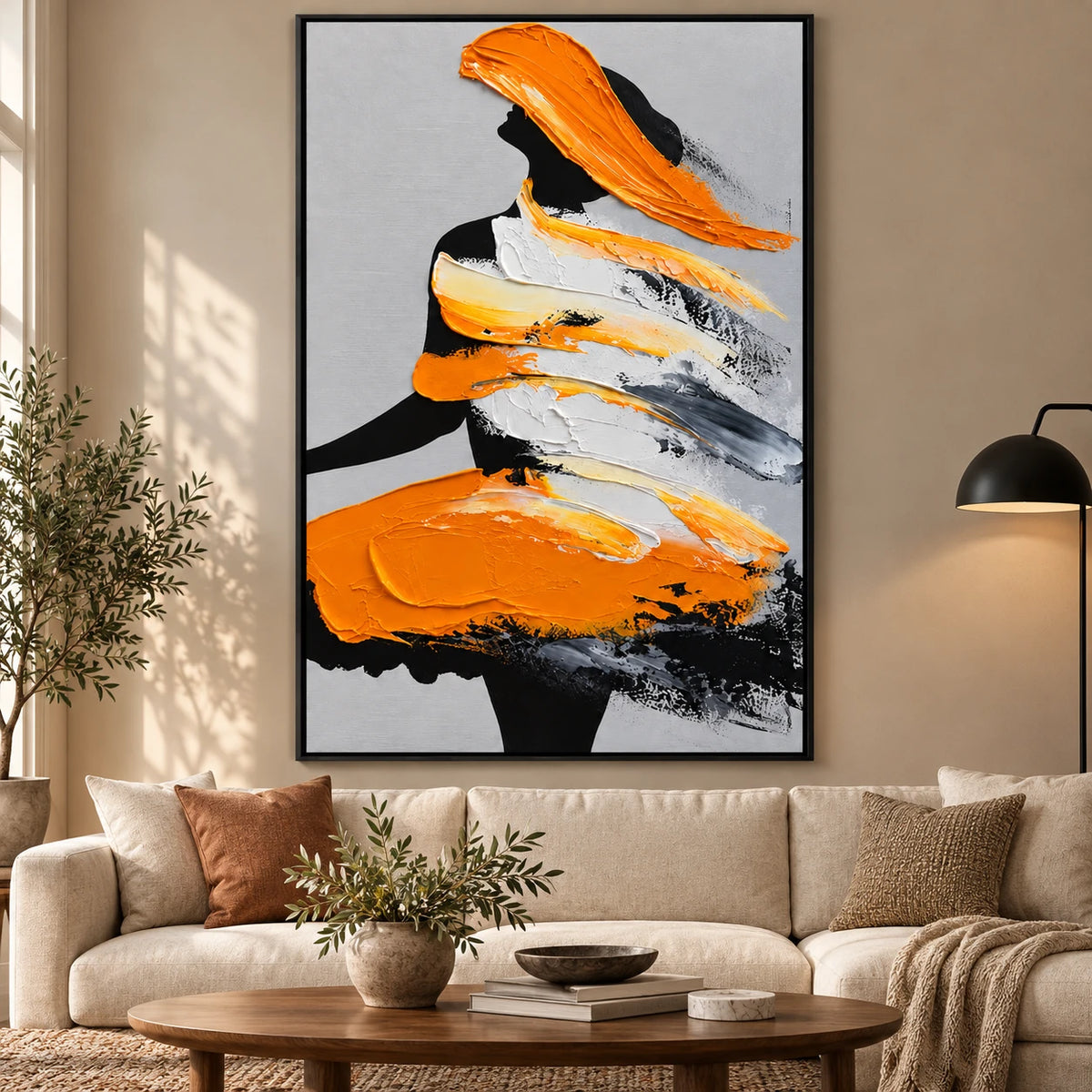 Ownanart Hand-Painted Orange Black and White Abstract Woman Silhouette Oil Painting – 3D Textured Vertical Impasto Canvas Wall Art for Living Room Bedroom Entryway and Office