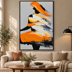 Ownanart Hand-Painted Orange Black and White Abstract Woman Silhouette Oil Painting – 3D Textured Vertical Impasto Canvas Wall Art for Living Room Bedroom Entryway and Office #OA 1535
