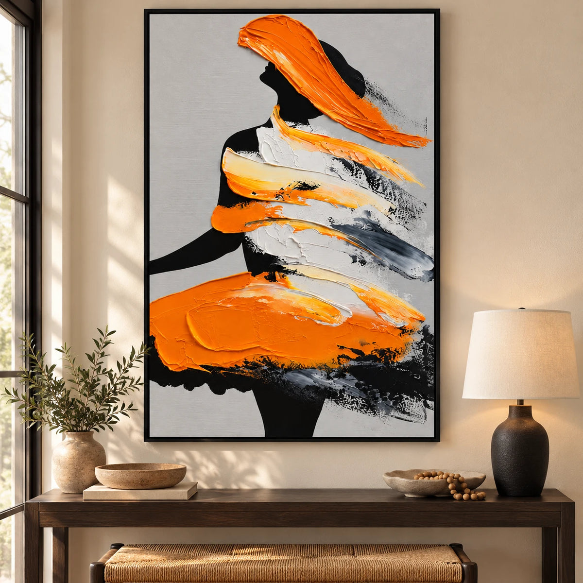 Ownanart Hand-Painted Orange Black and White Abstract Woman Silhouette Oil Painting – 3D Textured Vertical Impasto Canvas Wall Art for Living Room Bedroom Entryway and Office