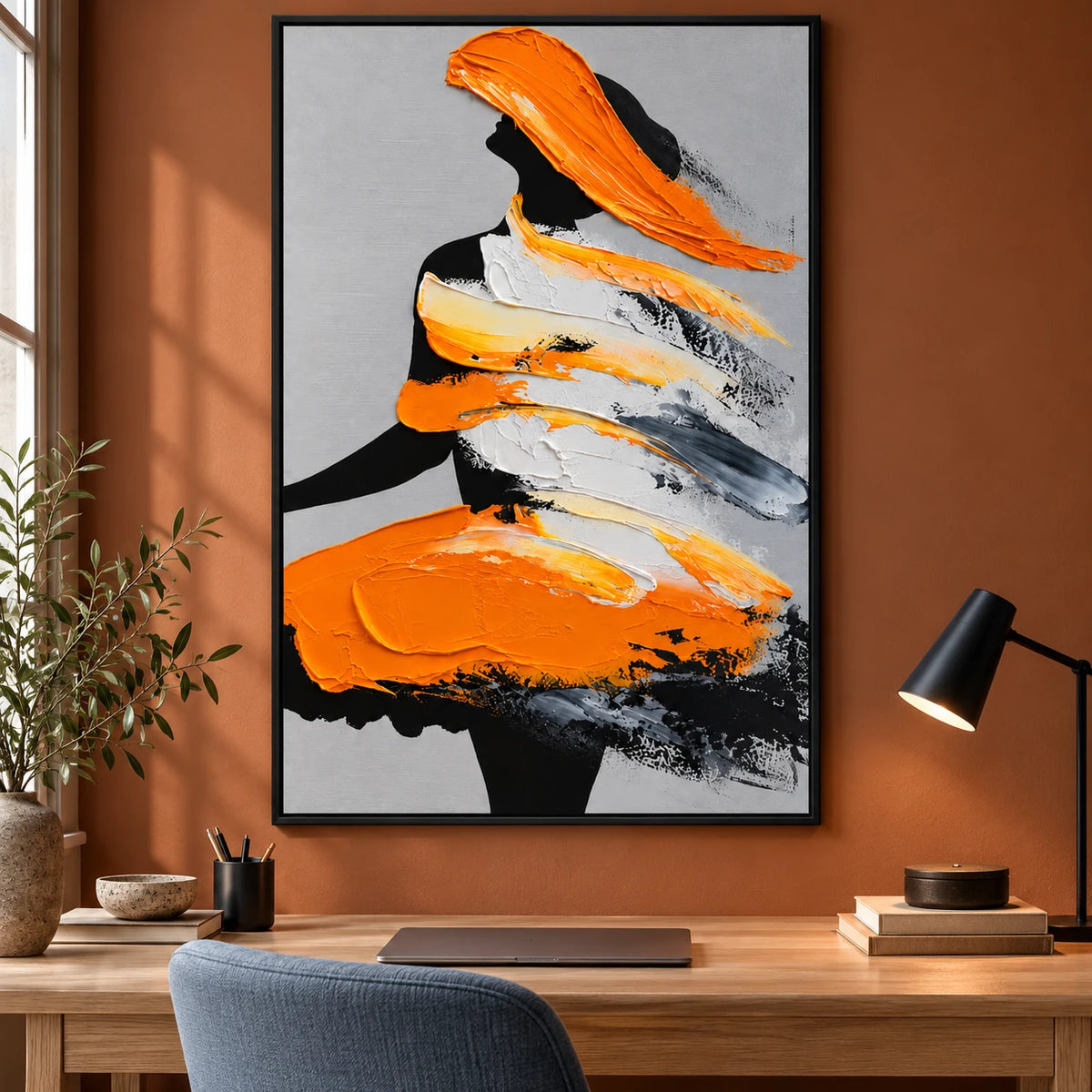 Ownanart Hand-Painted Orange Black and White Abstract Woman Silhouette Oil Painting – 3D Textured Vertical Impasto Canvas Wall Art for Living Room Bedroom Entryway and Office