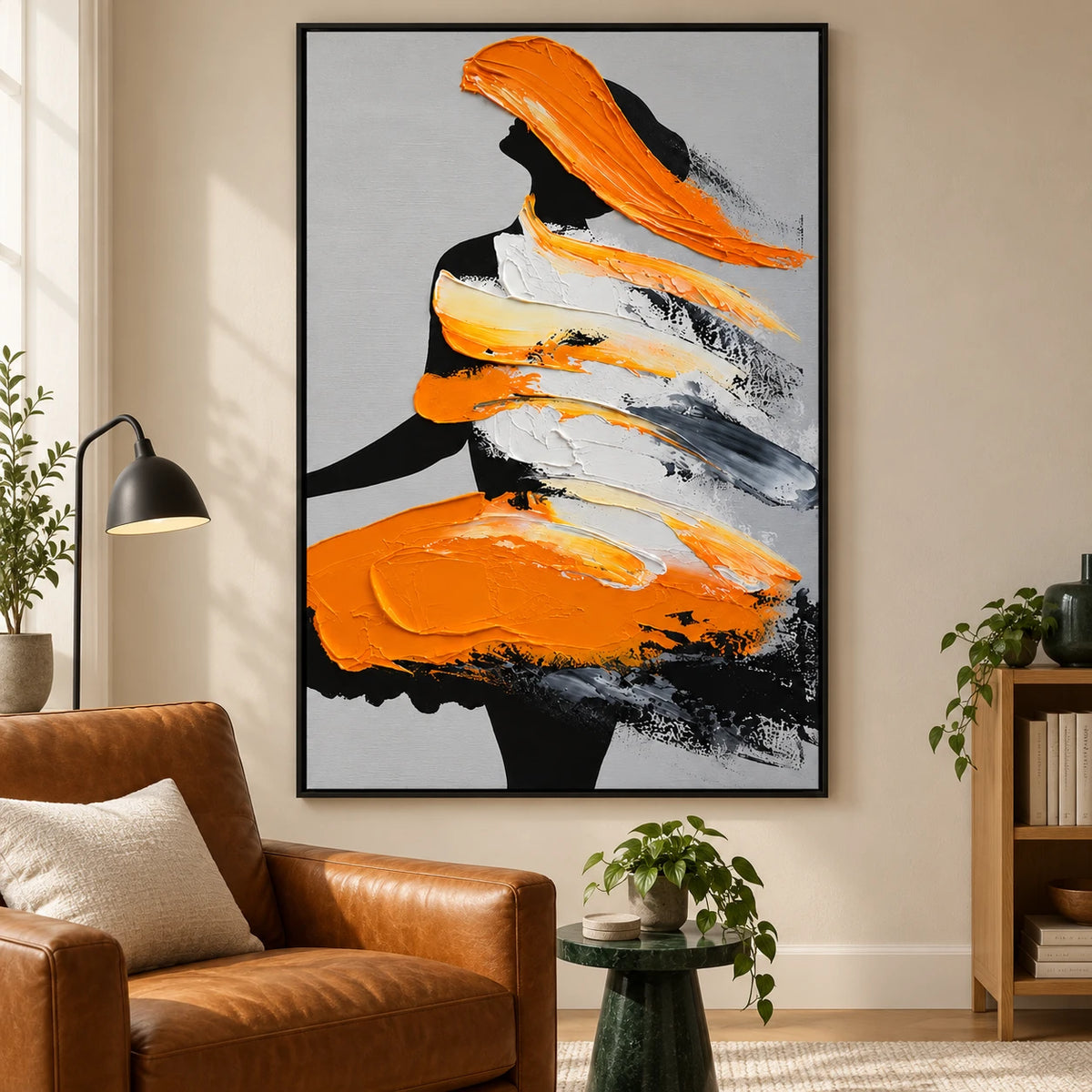 Ownanart Hand-Painted Orange Black and White Abstract Woman Silhouette Oil Painting – 3D Textured Vertical Impasto Canvas Wall Art for Living Room Bedroom Entryway and Office