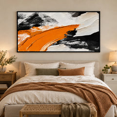 Ownanart Hand-Painted Orange Black and White Panoramic Abstract Oil Painting – Textured Horizontal Canvas Wall Art for Living Room and Office #OA 1493