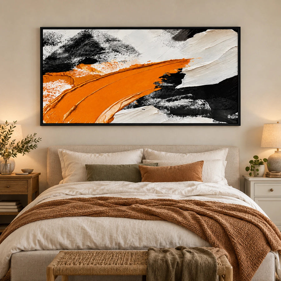 Ownanart Hand-Painted Orange Black and White Panoramic Abstract Oil Painting – Textured Horizontal Canvas Wall Art for Living Room and Office #OA 1493