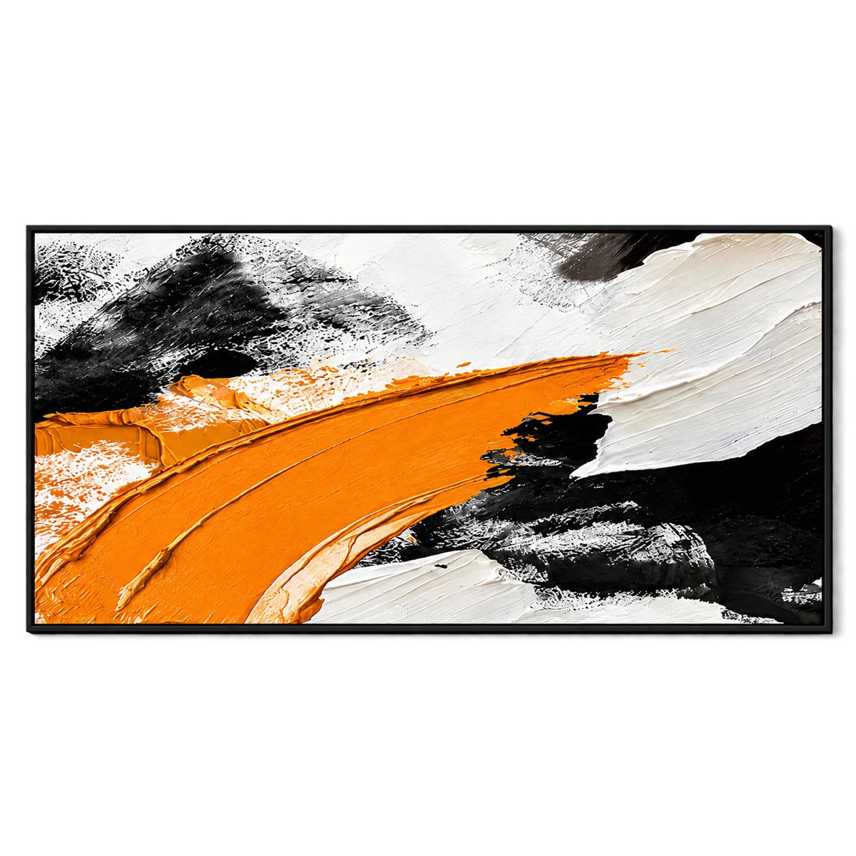 Ownanart Hand-Painted Orange Black and White Panoramic Abstract Oil Painting – Textured Horizontal Canvas Wall Art for Living Room and Office