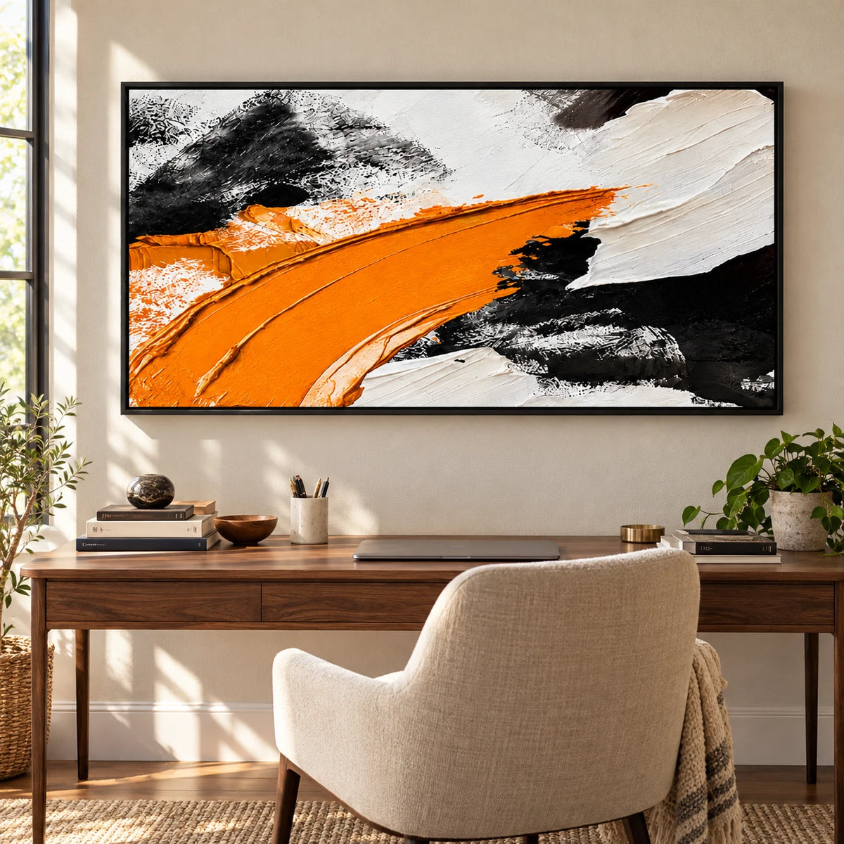 Ownanart Hand-Painted Orange Black and White Panoramic Abstract Oil Painting – Textured Horizontal Canvas Wall Art for Living Room and Office