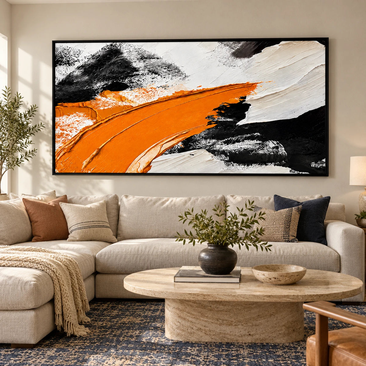Ownanart Hand-Painted Orange Black and White Panoramic Abstract Oil Painting – Textured Horizontal Canvas Wall Art for Living Room and Office