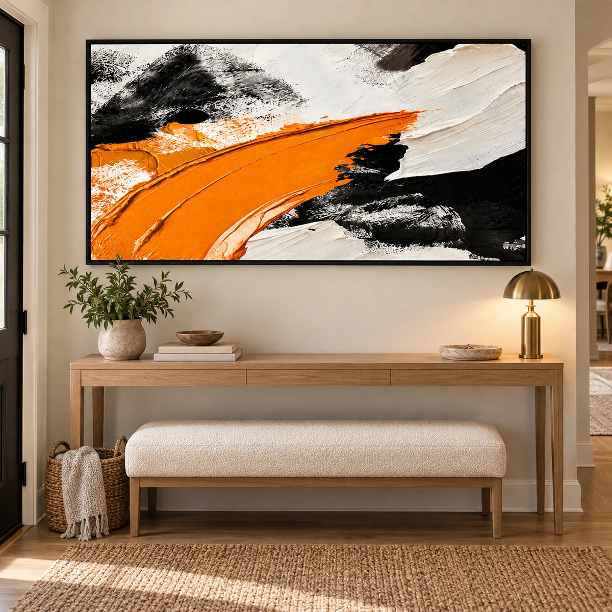 Ownanart Hand-Painted Orange Black and White Panoramic Abstract Oil Painting – Textured Horizontal Canvas Wall Art for Living Room and Office