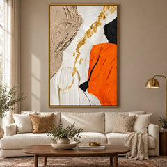 Ownanart Hand-Painted Orange White Beige Black and Gold Abstract Oil Painting – 3D Textured Vertical Impasto Canvas Wall Art for Living Room Bedroom Entryway and Office #OA 1536