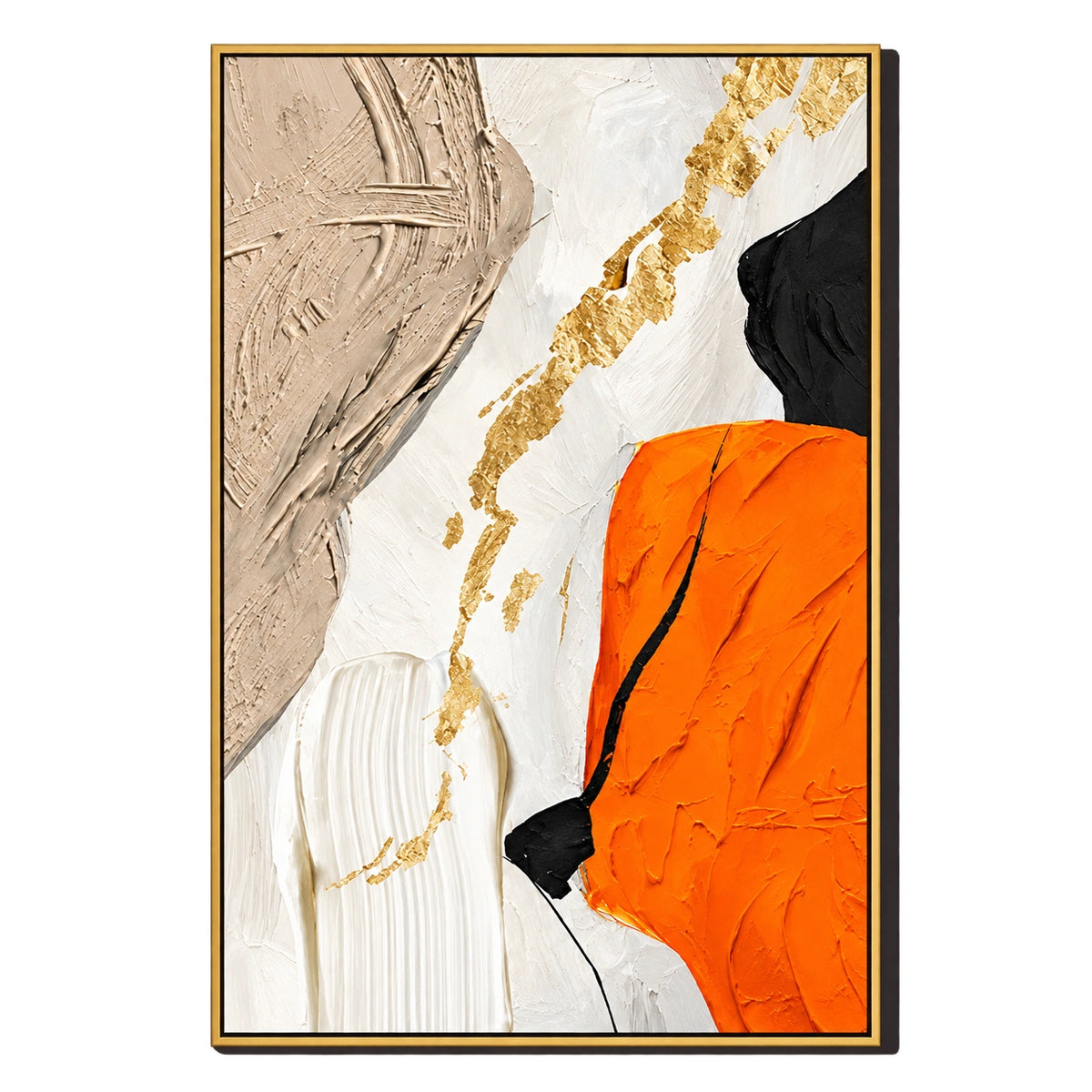 Ownanart Hand-Painted Orange White Beige Black and Gold Abstract Oil Painting – 3D Textured Vertical Impasto Canvas Wall Art for Living Room Bedroom Entryway and Office