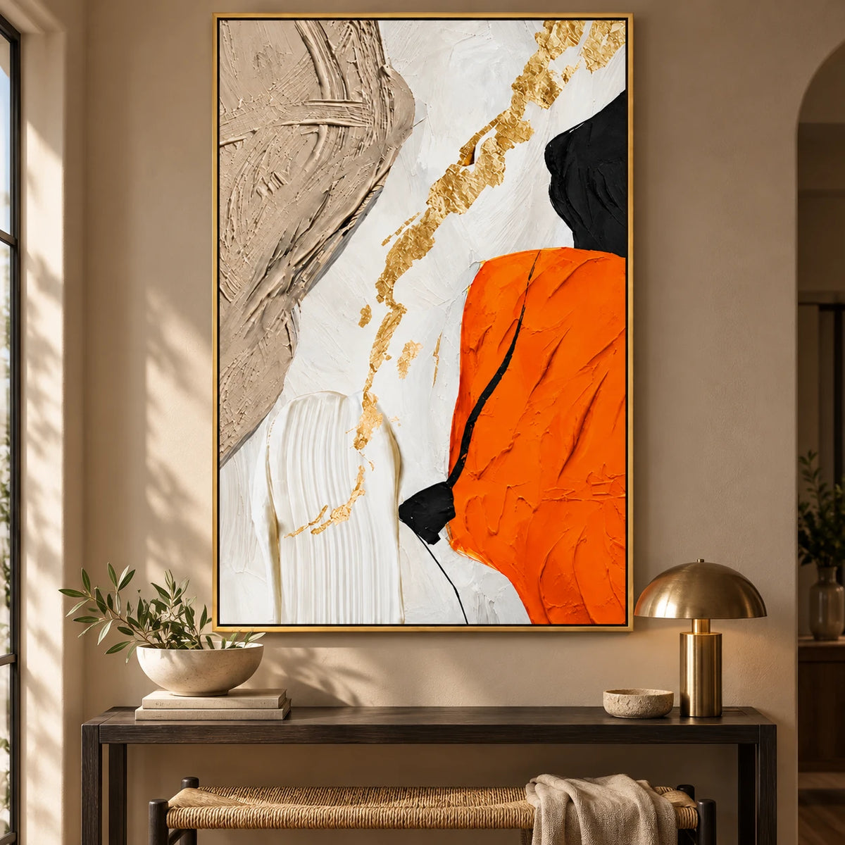 Ownanart Hand-Painted Orange White Beige Black and Gold Abstract Oil Painting – 3D Textured Vertical Impasto Canvas Wall Art for Living Room Bedroom Entryway and Office