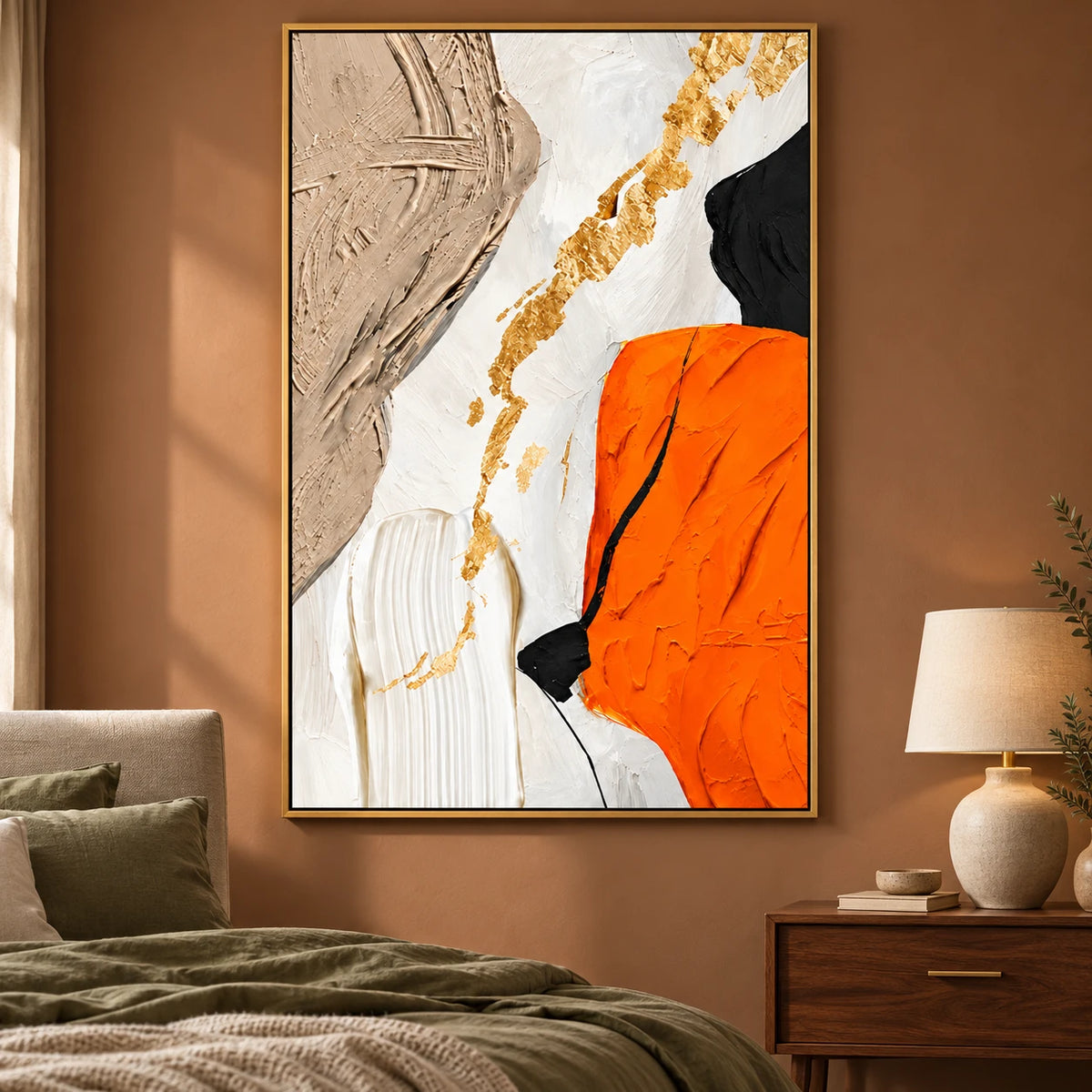 Ownanart Hand-Painted Orange White Beige Black and Gold Abstract Oil Painting – 3D Textured Vertical Impasto Canvas Wall Art for Living Room Bedroom Entryway and Office