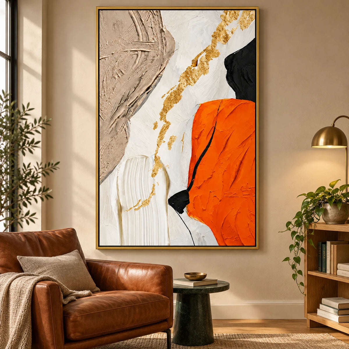 Ownanart Hand-Painted Orange White Beige Black and Gold Abstract Oil Painting – 3D Textured Vertical Impasto Canvas Wall Art for Living Room Bedroom Entryway and Office