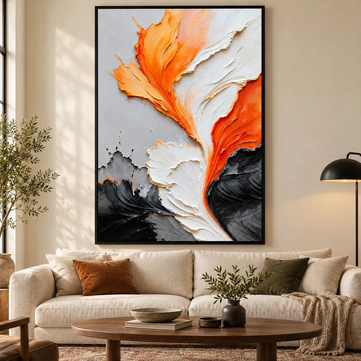 Ownanart Hand-Painted Orange White Black and Grey Flowing Abstract Oil Painting – 3D Textured Vertical Impasto Canvas Wall Art for Living Room Bedroom Entryway and Office