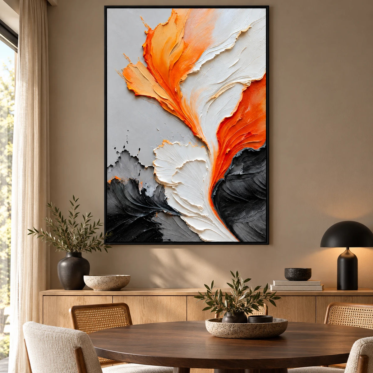 Ownanart Hand-Painted Orange White Black and Grey Flowing Abstract Oil Painting – 3D Textured Vertical Impasto Canvas Wall Art for Living Room Bedroom Entryway and Office