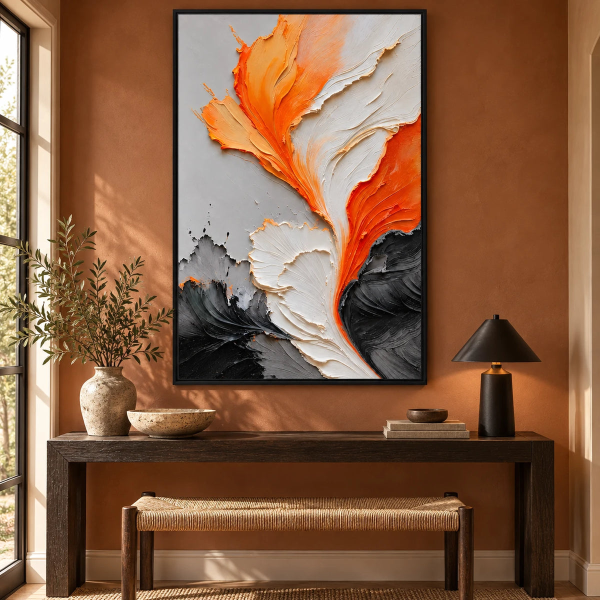 Ownanart Hand-Painted Orange White Black and Grey Flowing Abstract Oil Painting – 3D Textured Vertical Impasto Canvas Wall Art for Living Room Bedroom Entryway and Office