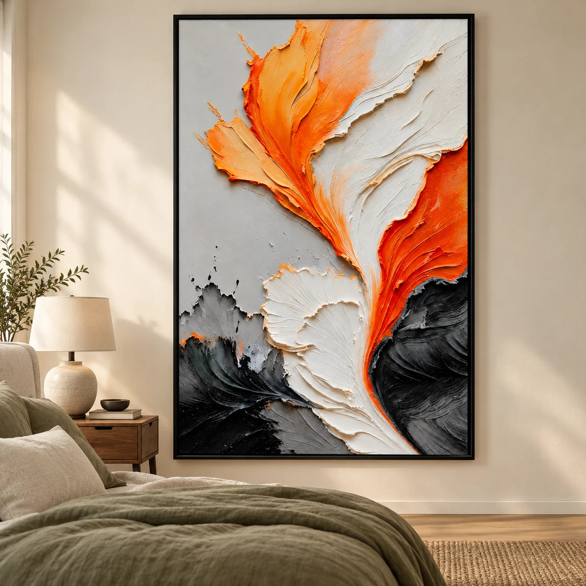 Ownanart Hand-Painted Orange White Black and Grey Flowing Abstract Oil Painting – 3D Textured Vertical Impasto Canvas Wall Art for Living Room Bedroom Entryway and Office