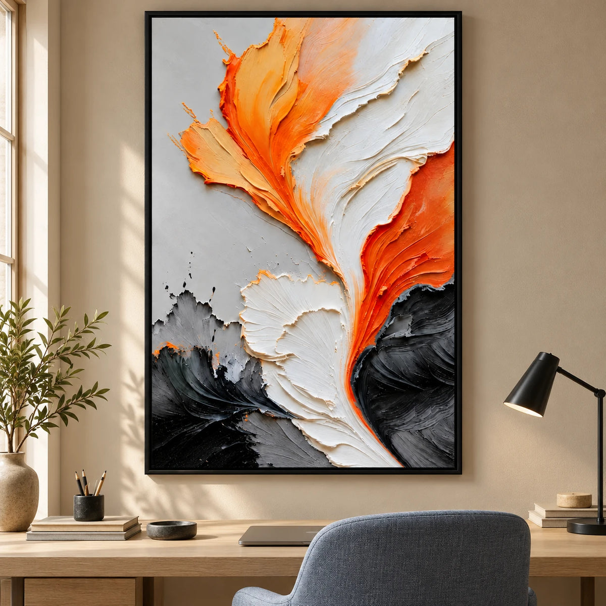 Ownanart Hand-Painted Orange White Black and Grey Flowing Abstract Oil Painting – 3D Textured Vertical Impasto Canvas Wall Art for Living Room Bedroom Entryway and Office
