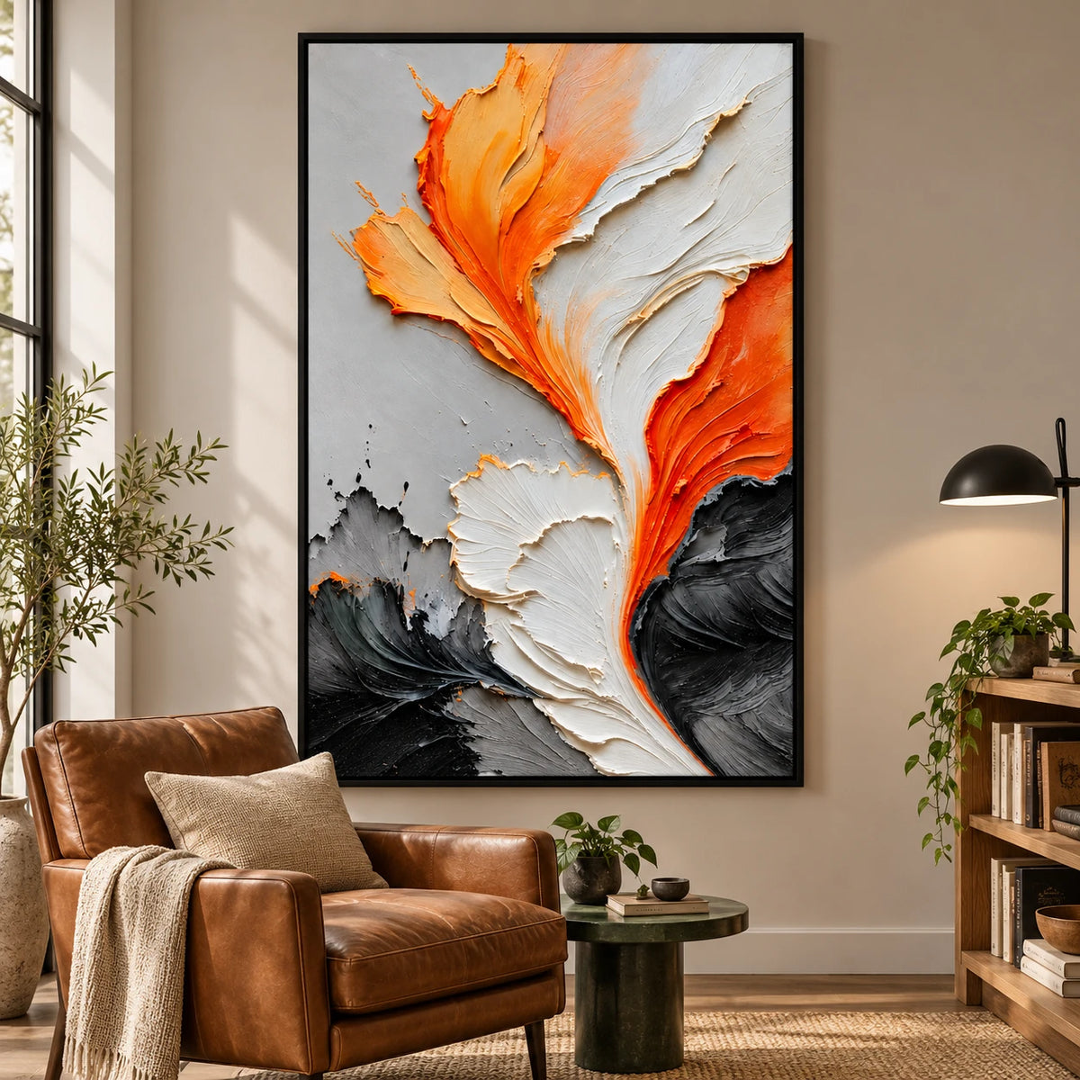 Ownanart Hand-Painted Orange White Black and Grey Flowing Abstract Oil Painting – 3D Textured Vertical Impasto Canvas Wall Art for Living Room Bedroom Entryway and Office