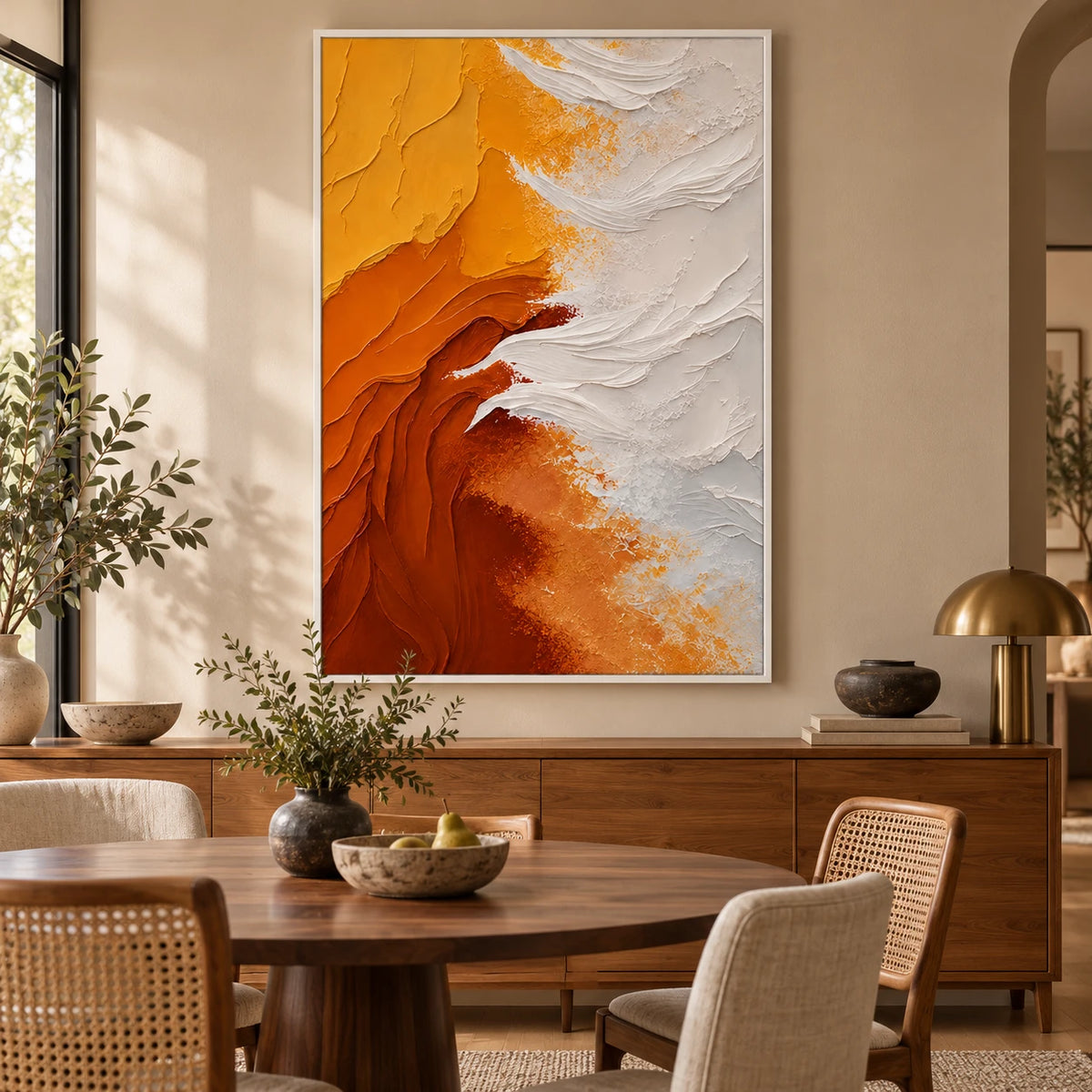 Ownanart Hand-Painted Orange Yellow and White Flowing Abstract Oil Painting – 3D Textured Vertical Impasto Canvas Wall Art for Living Room Bedroom Entryway and Office
