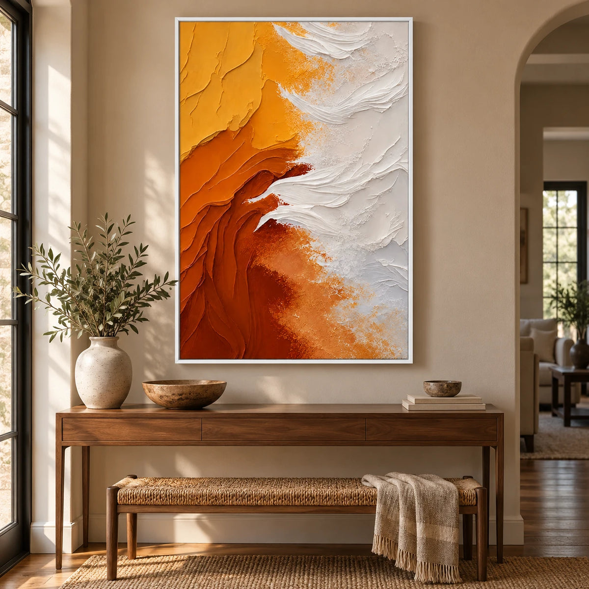 Ownanart Hand-Painted Orange Yellow and White Flowing Abstract Oil Painting – 3D Textured Vertical Impasto Canvas Wall Art for Living Room Bedroom Entryway and Office