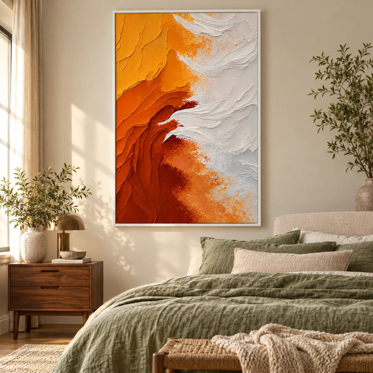 Ownanart Hand-Painted Orange Yellow and White Flowing Abstract Oil Painting – 3D Textured Vertical Impasto Canvas Wall Art for Living Room Bedroom Entryway and Office