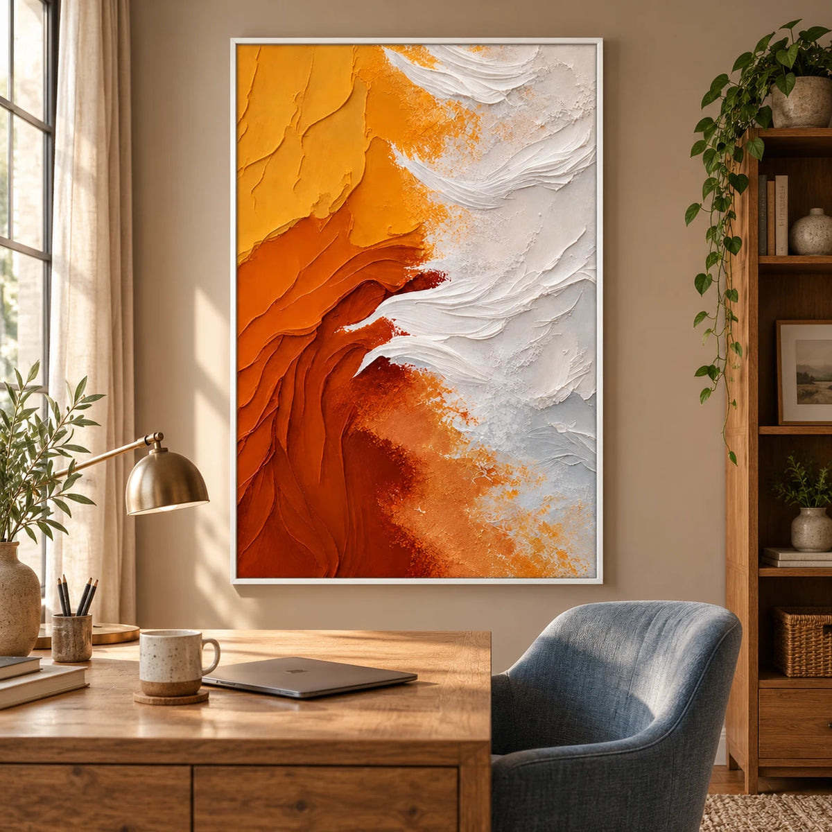 Ownanart Hand-Painted Orange Yellow and White Flowing Abstract Oil Painting – 3D Textured Vertical Impasto Canvas Wall Art for Living Room Bedroom Entryway and Office