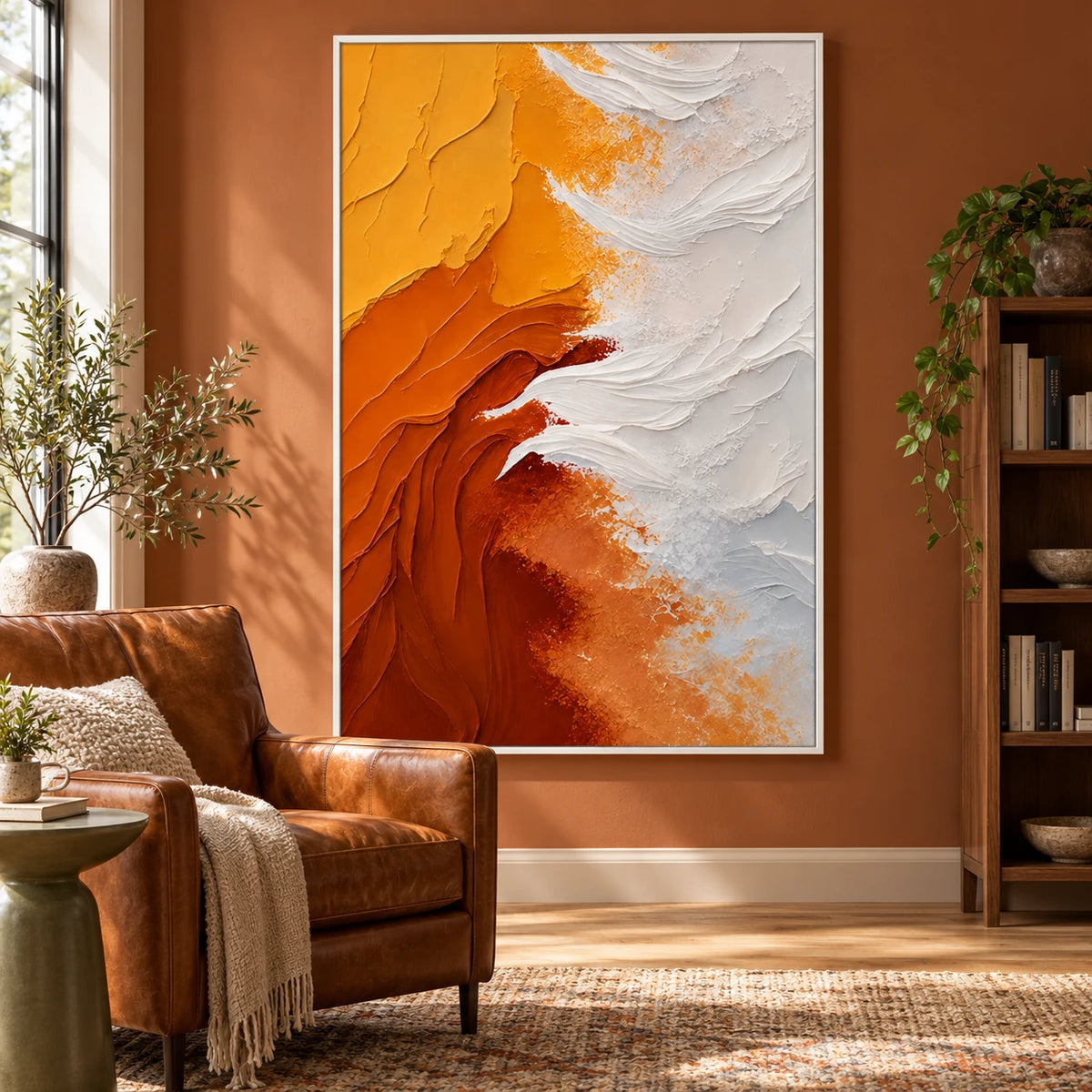 Ownanart Hand-Painted Orange Yellow and White Flowing Abstract Oil Painting – 3D Textured Vertical Impasto Canvas Wall Art for Living Room Bedroom Entryway and Office