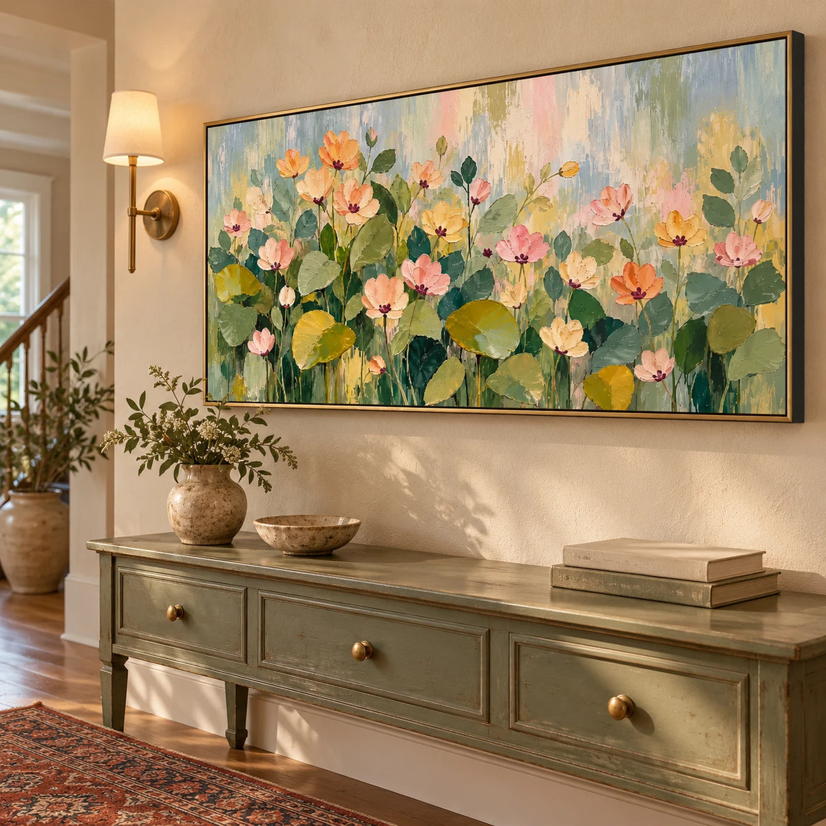 Ownanart Hand-Painted Pastel Floral Garden Oil Painting – Large Horizontal pink peach floral canvas, textured garden wall art, Original Canvas Art for Living Room and Office