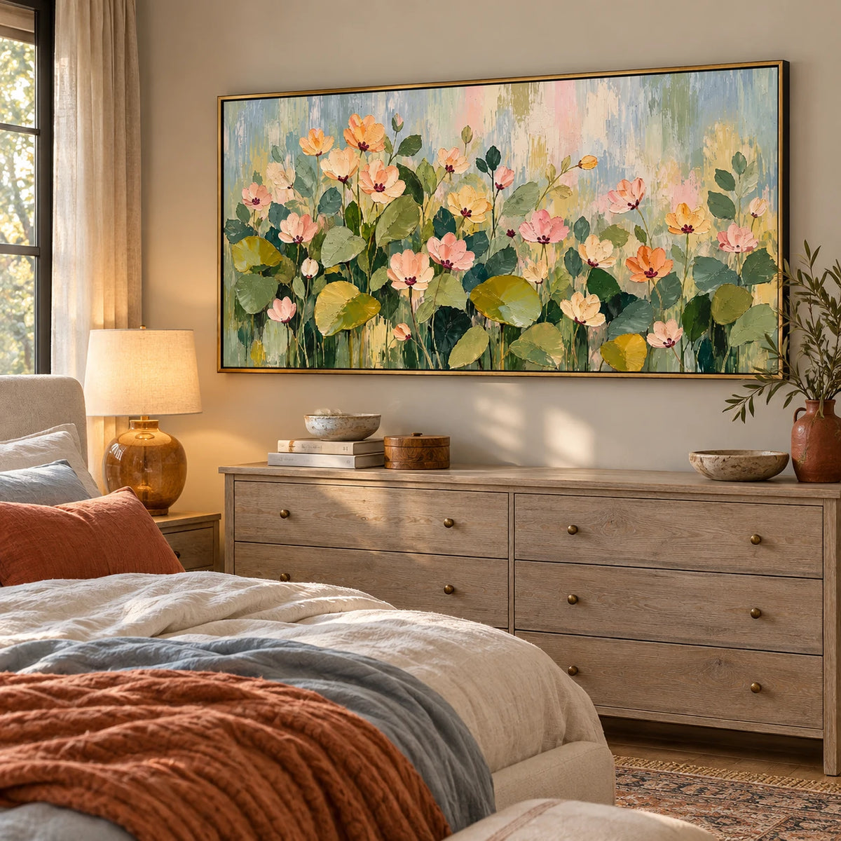 Ownanart Hand-Painted Pastel Floral Garden Oil Painting – Large Horizontal pink peach floral canvas, textured garden wall art, Original Canvas Art for Living Room and Office