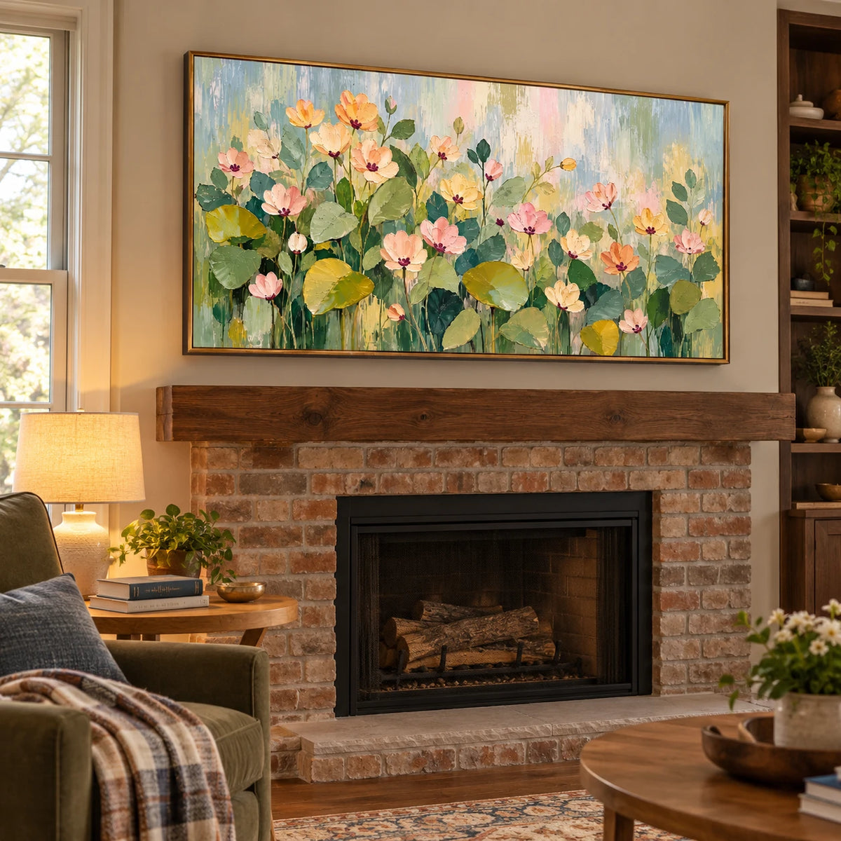 Ownanart Hand-Painted Pastel Floral Garden Oil Painting – Large Horizontal pink peach floral canvas, textured garden wall art, Original Canvas Art for Living Room and Office