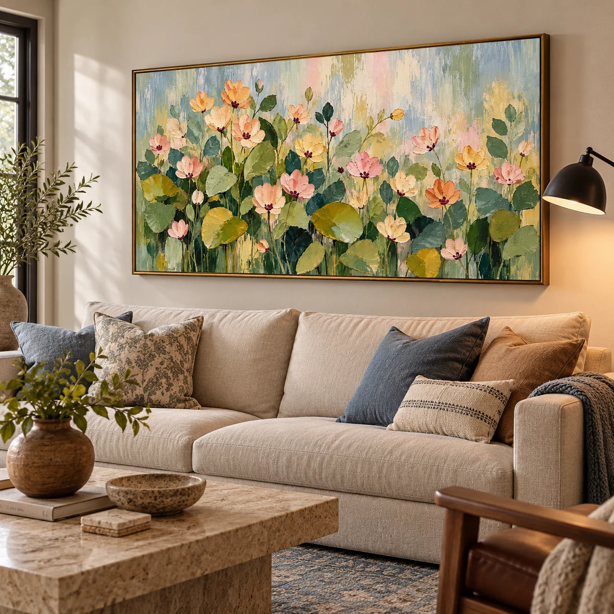 Ownanart Hand-Painted Pastel Floral Garden Oil Painting – Large Horizontal pink peach floral canvas, textured garden wall art, Original Canvas Art for Living Room and Office