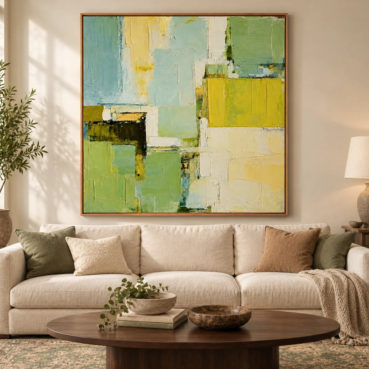 Ownanart Hand-Painted Sage Green Pale Blue and Cream Yellow Geometric Abstract Oil Painting – 3D Textured Square Impasto Canvas Wall Art for Living Room Bedroom Dining Room and Office