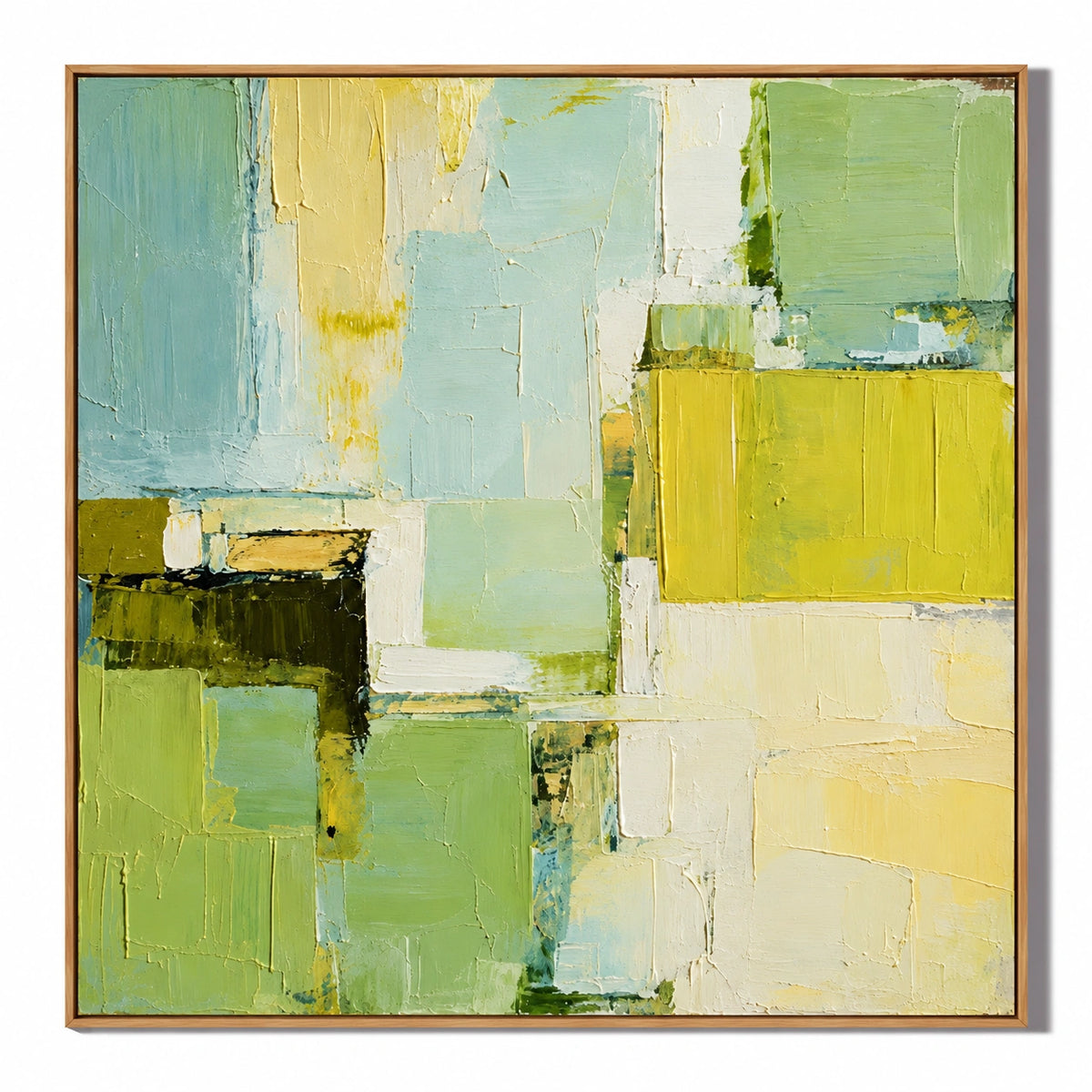 Ownanart Hand-Painted Sage Green Pale Blue and Cream Yellow Geometric Abstract Oil Painting – 3D Textured Square Impasto Canvas Wall Art for Living Room Bedroom Dining Room and Office