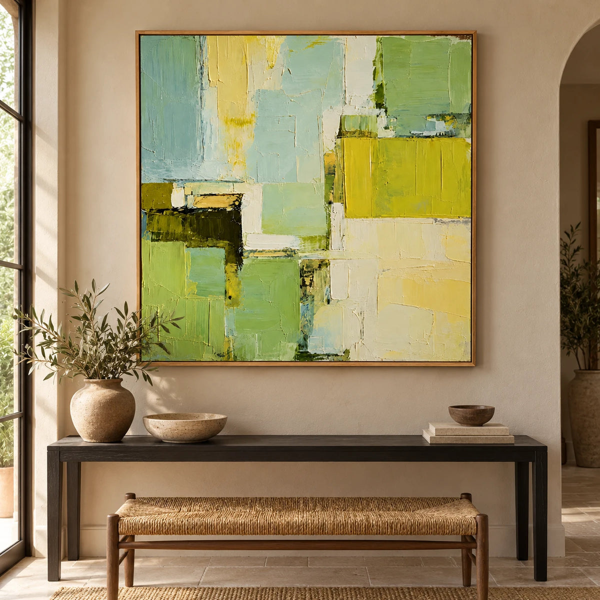 Ownanart Hand-Painted Sage Green Pale Blue and Cream Yellow Geometric Abstract Oil Painting – 3D Textured Square Impasto Canvas Wall Art for Living Room Bedroom Dining Room and Office