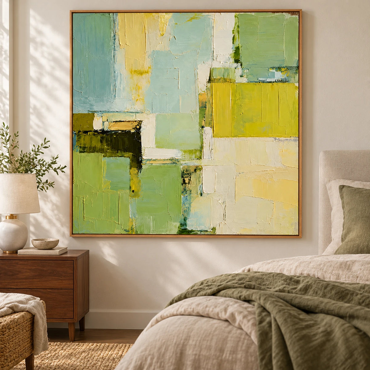 Ownanart Hand-Painted Sage Green Pale Blue and Cream Yellow Geometric Abstract Oil Painting – 3D Textured Square Impasto Canvas Wall Art for Living Room Bedroom Dining Room and Office