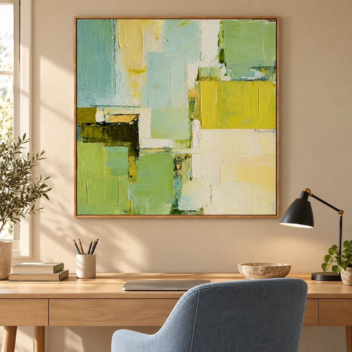 Ownanart Hand-Painted Sage Green Pale Blue and Cream Yellow Geometric Abstract Oil Painting – 3D Textured Square Impasto Canvas Wall Art for Living Room Bedroom Dining Room and Office