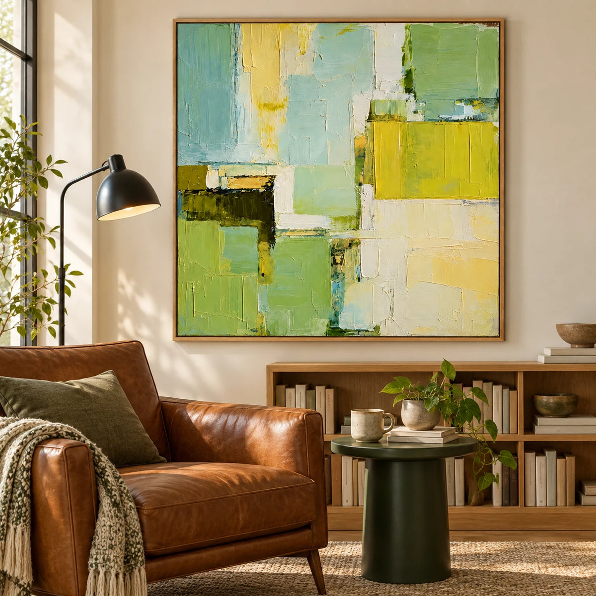 Ownanart Hand-Painted Sage Green Pale Blue and Cream Yellow Geometric Abstract Oil Painting – 3D Textured Square Impasto Canvas Wall Art for Living Room Bedroom Dining Room and Office