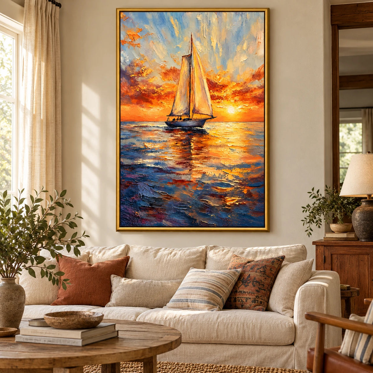 Ownanart Hand-Painted Sailboat at Golden Sunset Oil Painting – Impressionist Nautical Seascape, 3D Textured Vertical Canvas Wall Art for Living Room Bedroom Entryway and Office