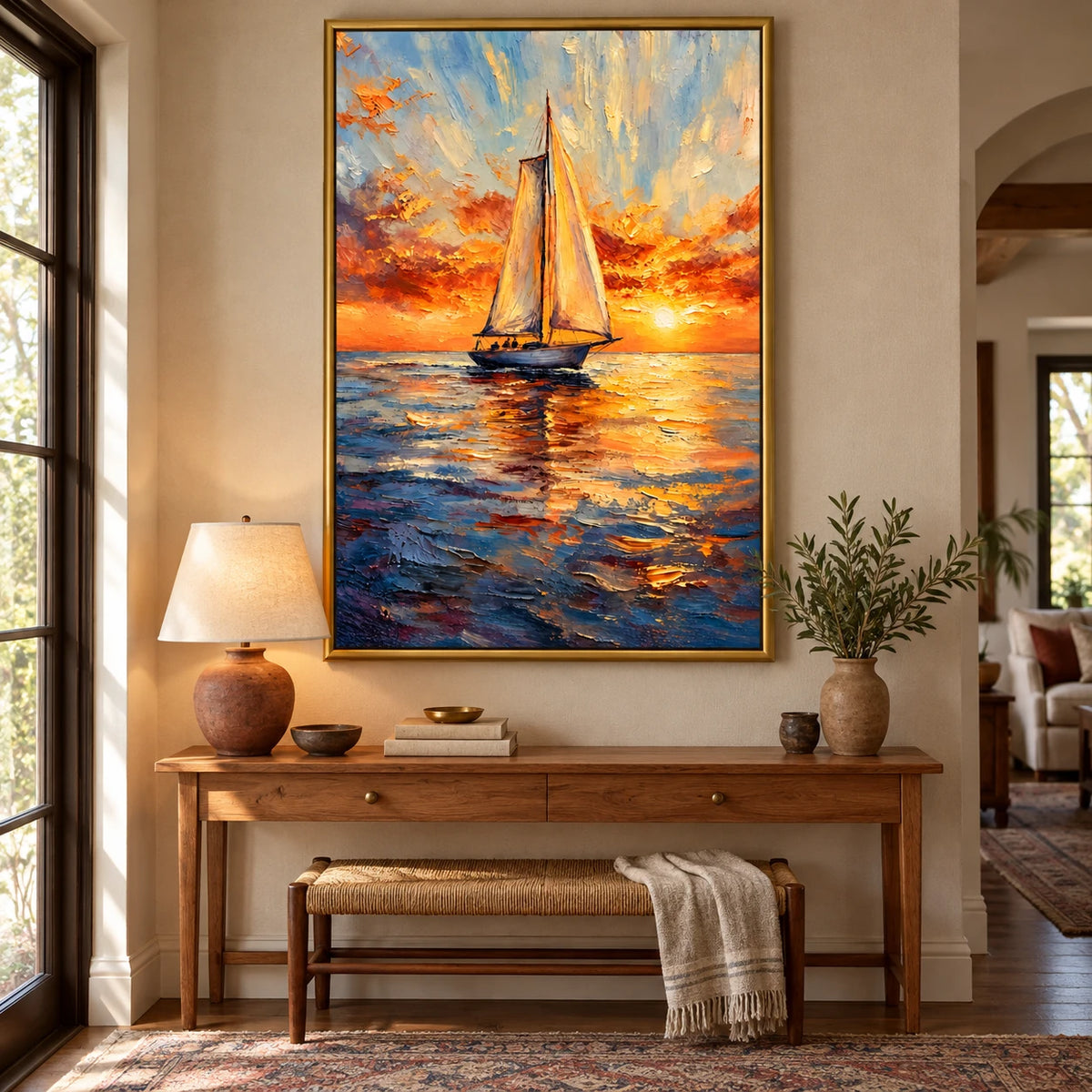 Ownanart Hand-Painted Sailboat at Golden Sunset Oil Painting – Impressionist Nautical Seascape, 3D Textured Vertical Canvas Wall Art for Living Room Bedroom Entryway and Office