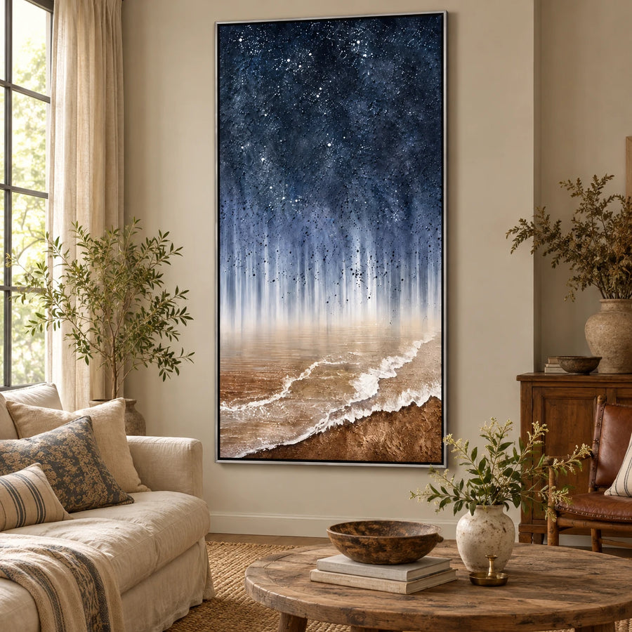 Ownanart Hand-Painted Starry Night Sky over Ocean Shore Oil Painting – Atmospheric Abstract Coastal Landscape, 3D Textured Vertical Canvas Wall Art for Living Room Bedroom Entryway and Office #OA 1510