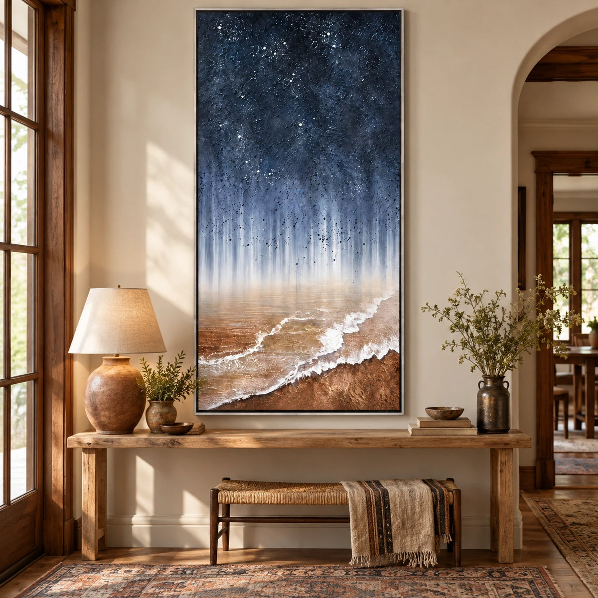 Ownanart Hand-Painted Starry Night Sky over Ocean Shore Oil Painting – Atmospheric Abstract Coastal Landscape, 3D Textured Vertical Canvas Wall Art for Living Room Bedroom Entryway and Office