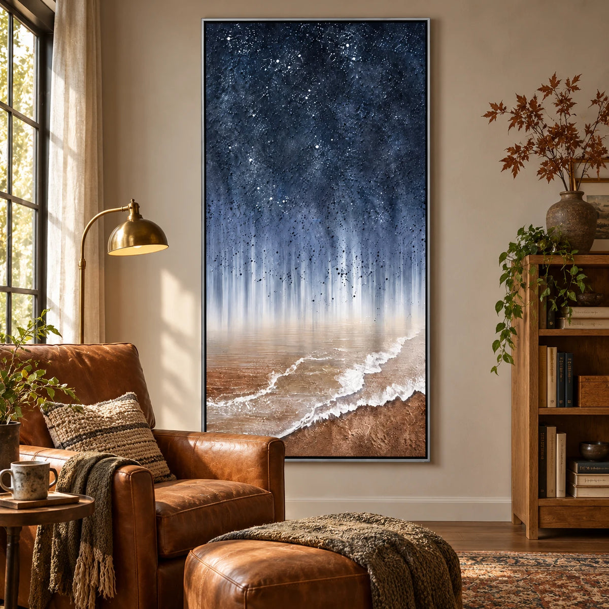 Ownanart Hand-Painted Starry Night Sky over Ocean Shore Oil Painting – Atmospheric Abstract Coastal Landscape, 3D Textured Vertical Canvas Wall Art for Living Room Bedroom Entryway and Office