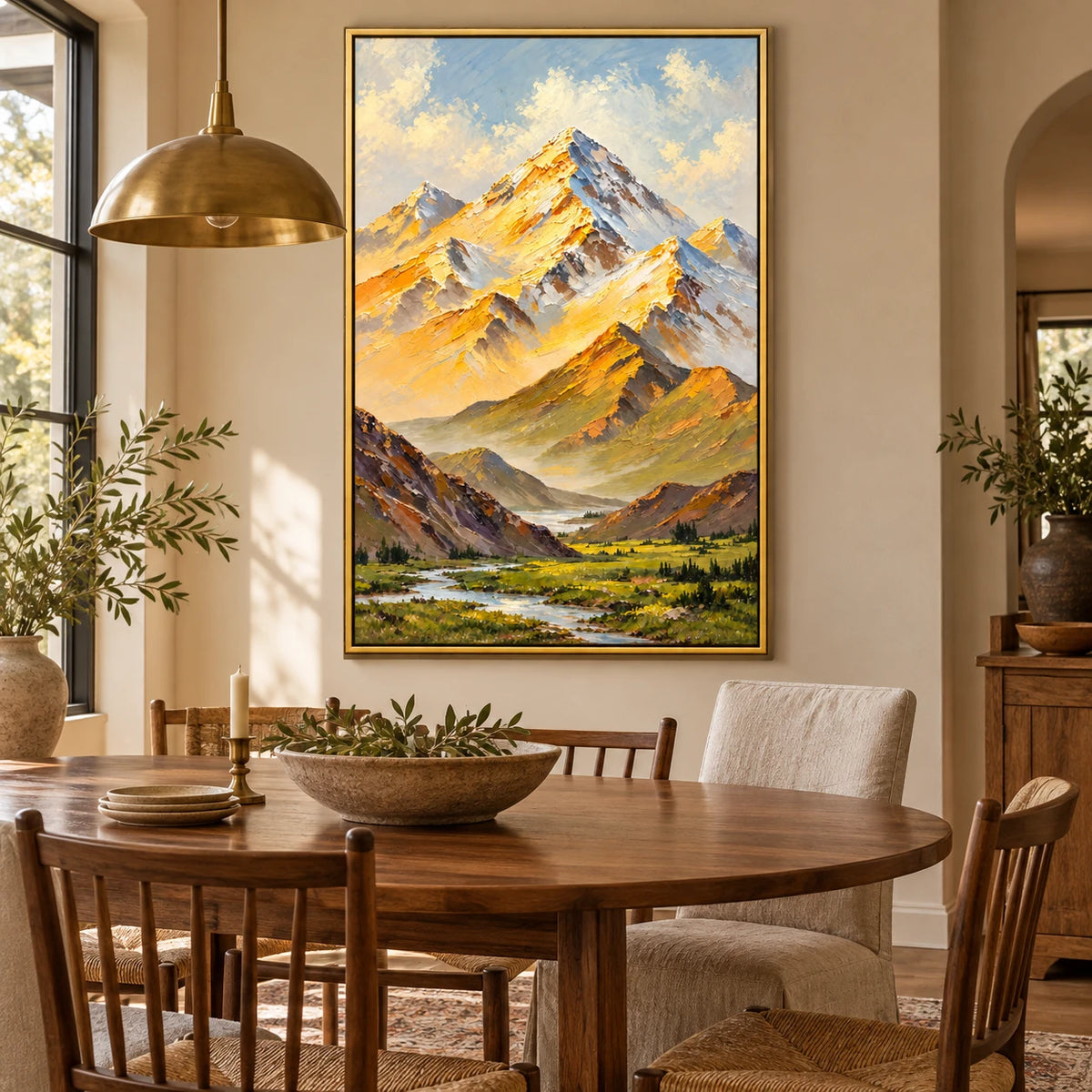 Ownanart Hand-Painted Sunlit Snow Mountains and Alpine River Oil Painting – Impasto Mountain Landscape, 3D Textured Vertical Canvas Wall Art for Living Room Bedroom Entryway and Office