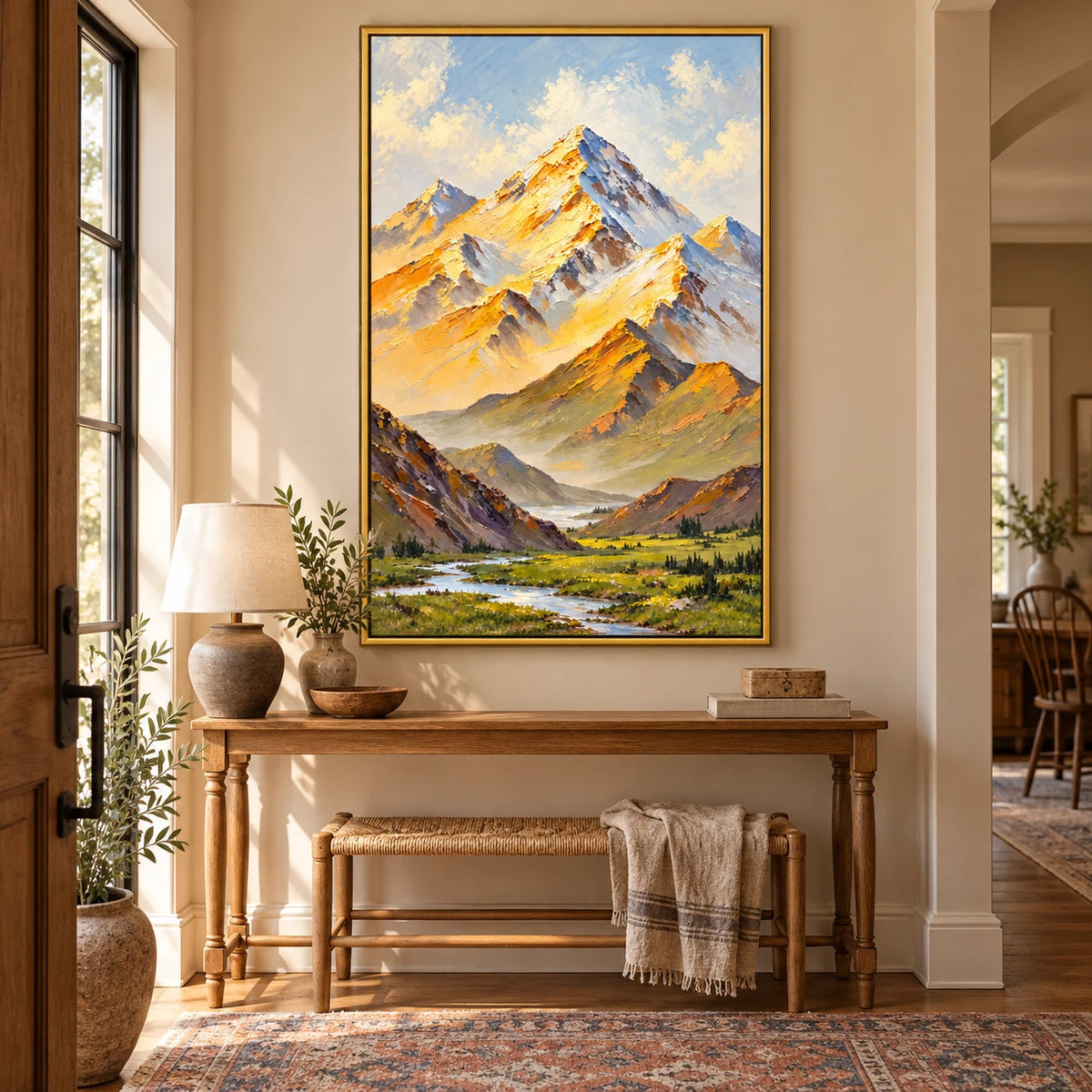 Ownanart Hand-Painted Sunlit Snow Mountains and Alpine River Oil Painting – Impasto Mountain Landscape, 3D Textured Vertical Canvas Wall Art for Living Room Bedroom Entryway and Office