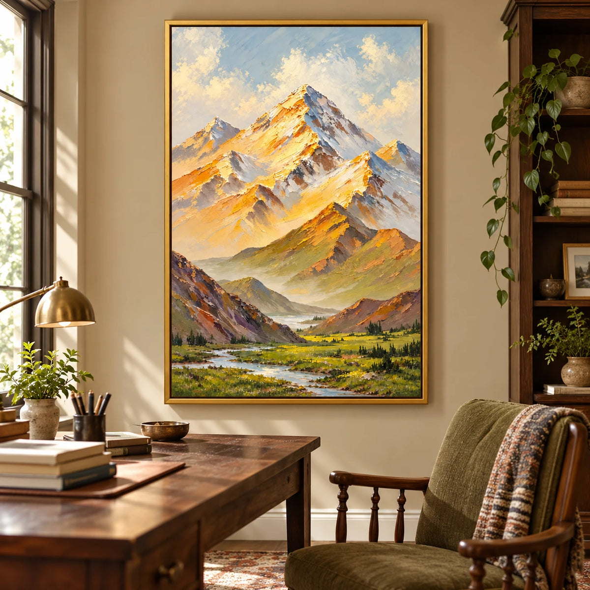 Ownanart Hand-Painted Sunlit Snow Mountains and Alpine River Oil Painting – Impasto Mountain Landscape, 3D Textured Vertical Canvas Wall Art for Living Room Bedroom Entryway and Office