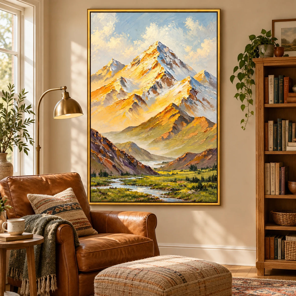 Ownanart Hand-Painted Sunlit Snow Mountains and Alpine River Oil Painting – Impasto Mountain Landscape, 3D Textured Vertical Canvas Wall Art for Living Room Bedroom Entryway and Office